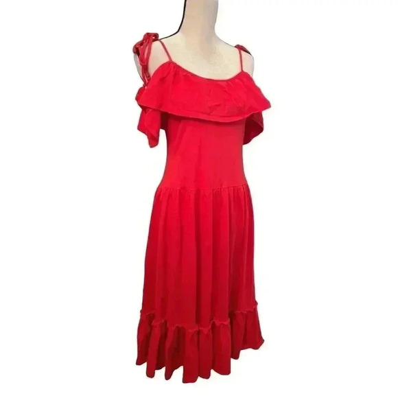 Rebecca Minkoff Red Cold Shoulder Ruffle Midi Dress Size Small - Picture 2 of 10
